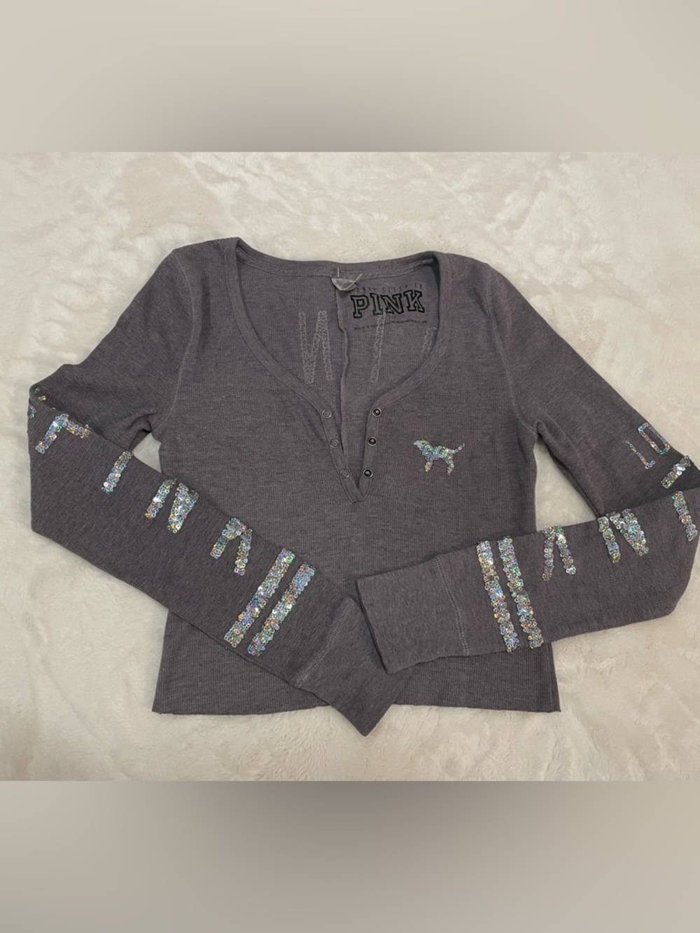 Vintage Victoria's Secret pink grey sequin Henley crop top